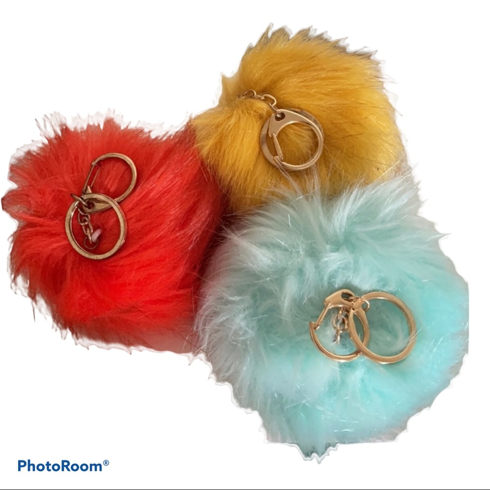 3~Pom~Pom Keychain Mint~cold~Gold Mustard Colors